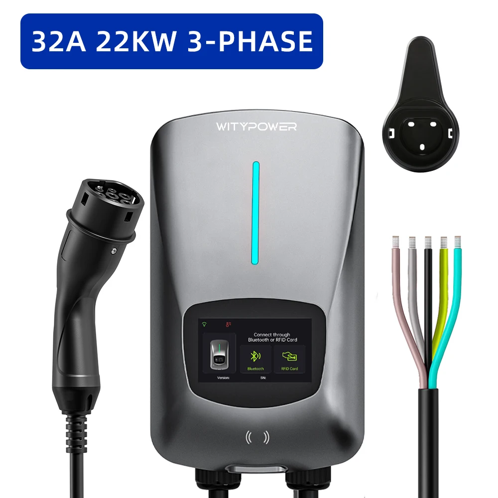WityPower EV-lader Type 2 7KW 11KW 22KW 1/3-fasig EVSE Wallbox Oplaadstation voor elektrische auto's met WiFi-app-bediening RFID