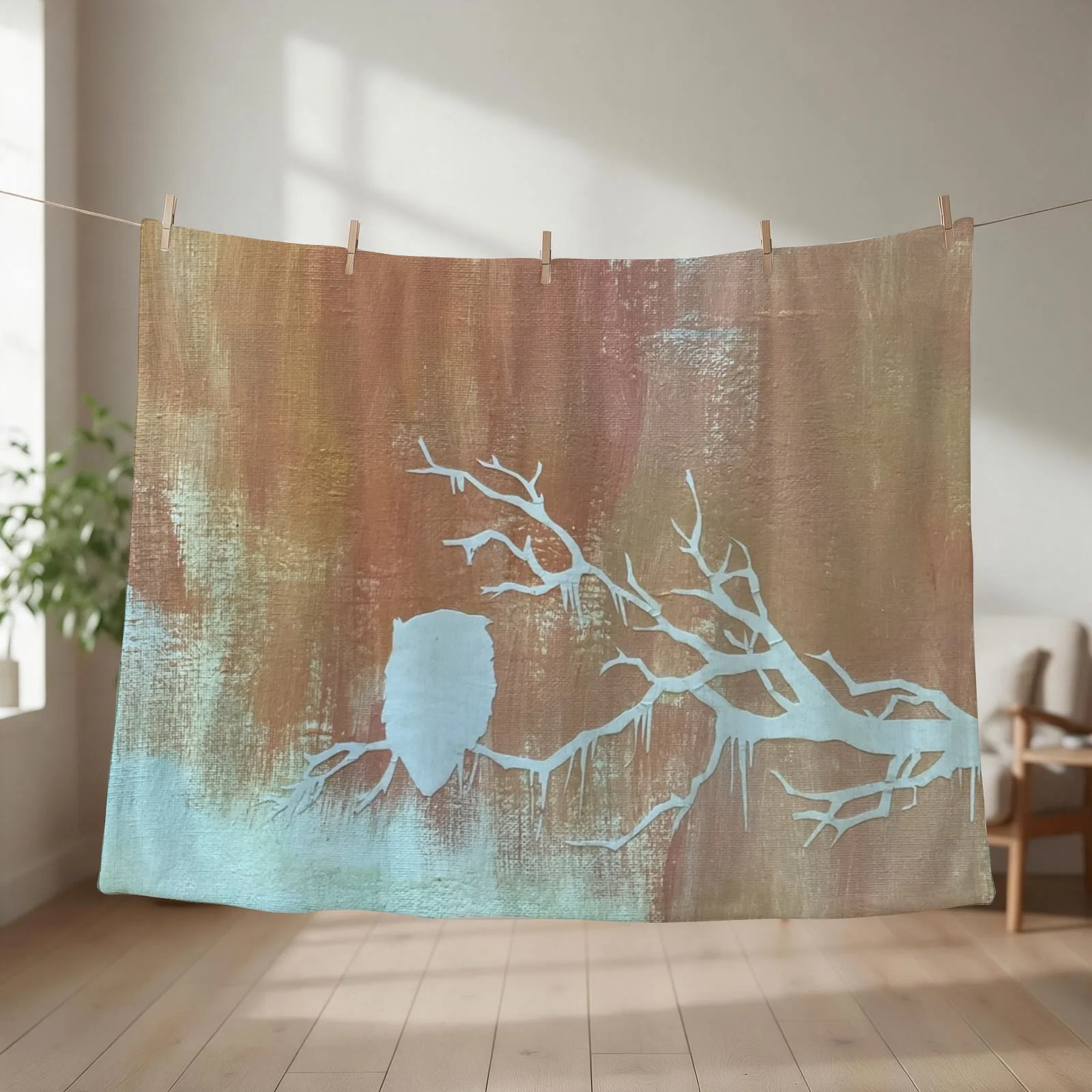 Owl sitting on a branch Throw Blanket Custom Luxury Brand Flannel Plaid Blankets