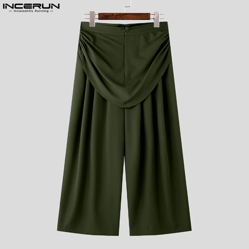 INCERUN 2024 American Style Pantalons Stylish New Men\'s Wide Leg Long Pant Casual Male Loose Pleated Solid Straight Leg Trousers