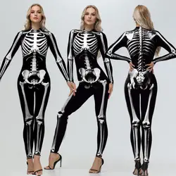 [You're My Secret] Cosplay Zombie Scary Skeleton Printed Bodysuit Halloween Party CostumeWomen Zenti Jumpsuit Day of the Dead