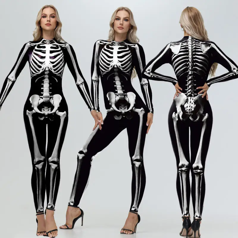 [You're My Secret] Cosplay Zombie Scary Skeleton Printed Bodysuit Halloween Party CostumeWomen Zenti Jumpsuit Day of the Dead
