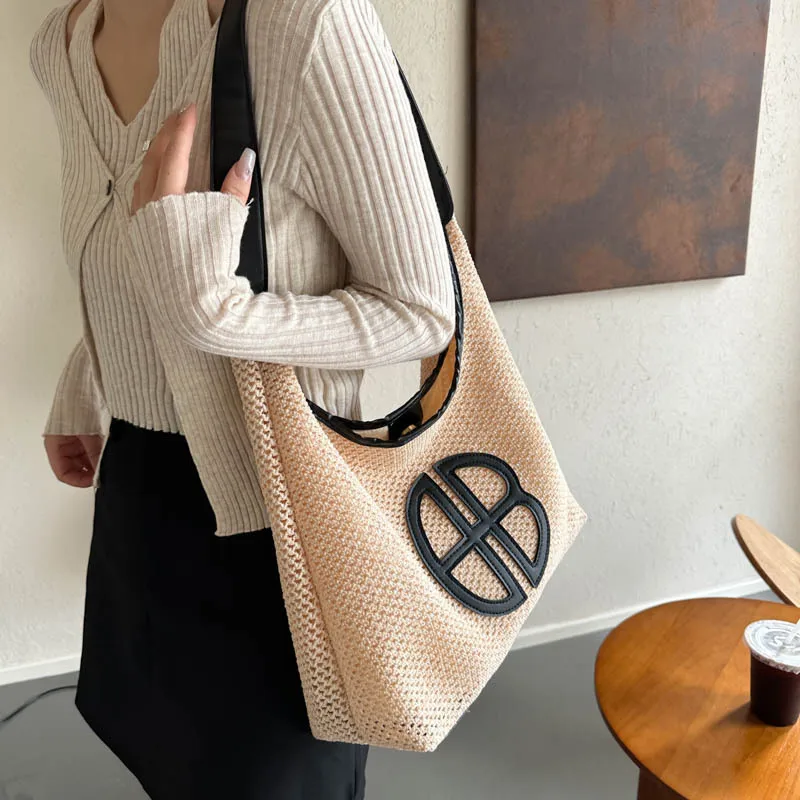 Fashion Trend Retro Straw Bag Large Capacity Woven Beach Women\'s Shoulder Bags Casual Handbags Underarm Daily Shopping Bag Totes