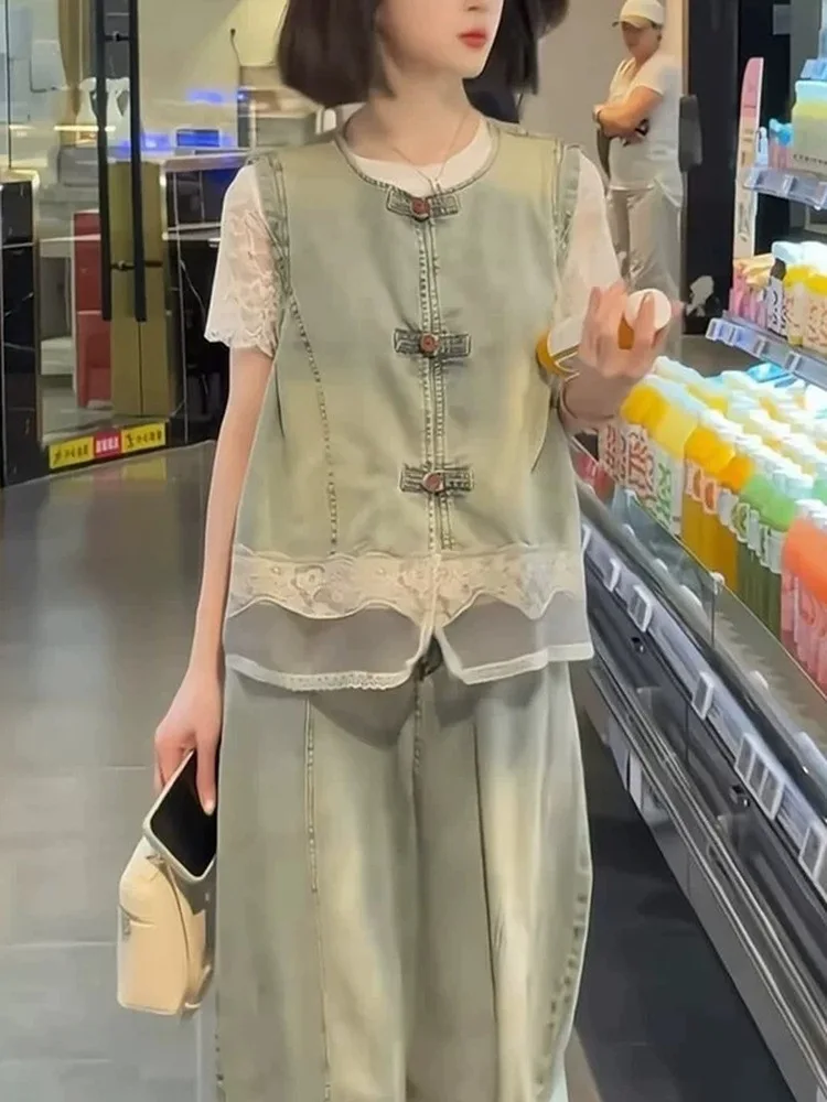 

Fashionable Wide Leg Denim Vest And Pants Set Women's Summer 2026 New Style Ageless Trendy Outfit Casual Breathable Leather