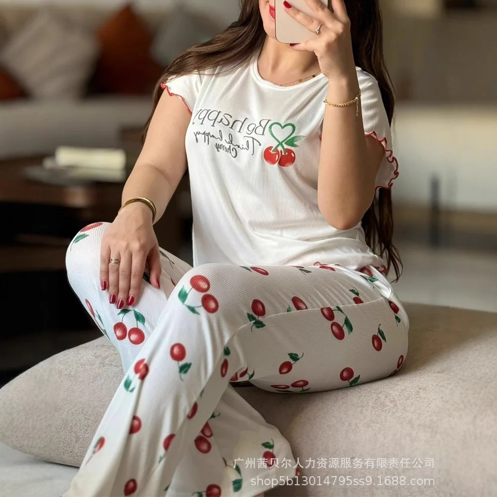 

Весенне-летняя футболка с коротким рукавом и свободные брюки, женская пижама с принтом сладкой вишни, комплект домашней одежды