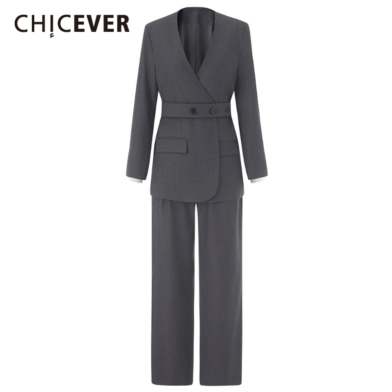 

CHICEVER однотонный комплект из двух предметов с поясом, женская куртка с v-образным вырезом и длинными рукавами, повседневные женские брюки Normcore, модные новые комплекты