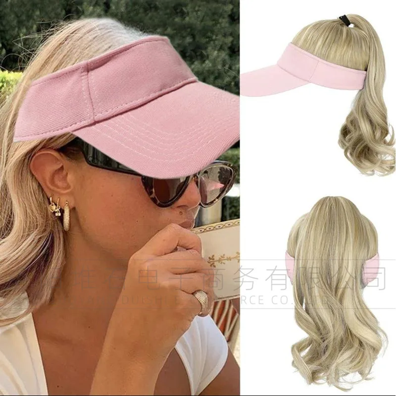 Hat Wig Women's Hooded Wig European and American Style Ponytail Wavy Pink Cap Wig
