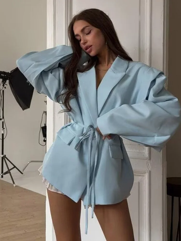 

HH Woman Fashion Lace-up Single Buckle Autumn Loose Jacket Women Blazer Long Sleeves Lapel Wide Shoulder Design Casual Coats