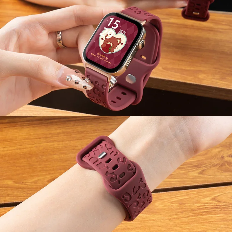 Engraved Strap For Apple Watch Band 46-44mm 40mm 45mm 49-41-42mm Leopard silicone bracelet iwatch series 10 9 7 6 5 4 8 ultra 2