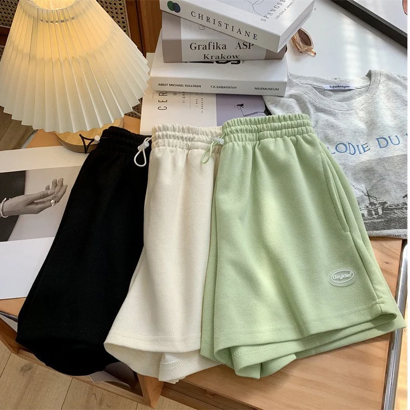 Damen Casual Sweat-Shorts mit elastischem Bund und Kordelzug, lockere Sportshorts, einfarbig, hohe Taille, Streetwear, kurze Hosen für den Sommer – Detail 2