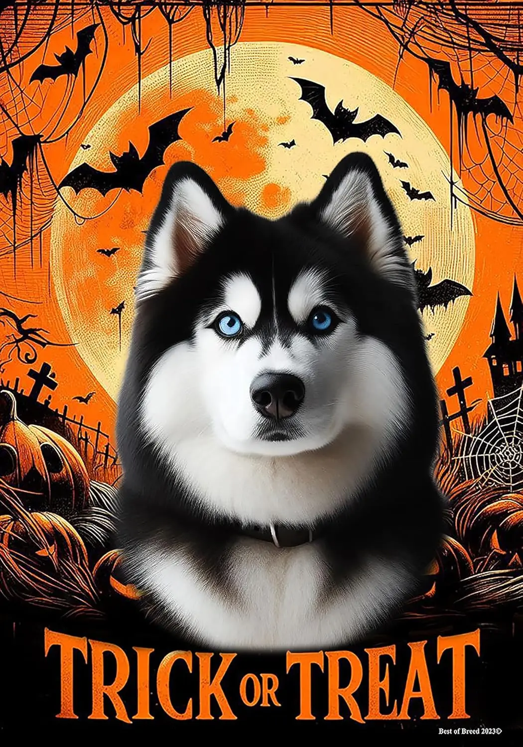 Siberian Husky Black/White Blue Eyes - Best of Breed Halloween Garden Flag