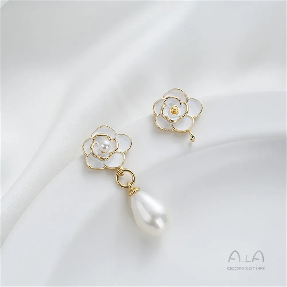 14K Gold-plating Painting Oil Camellia Bead Holder with Rings Earrings DIY Handmade Pearl Silver Needle Ear Jewelry Material