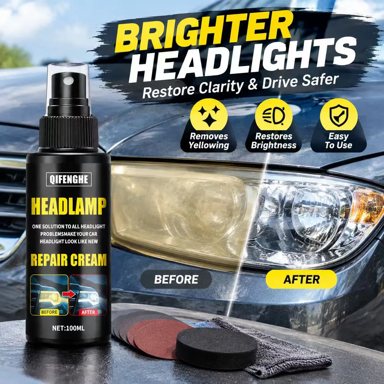 QIFENGHE 100ml Headlamp Repair Cream, Car Headlight Restoration Spray, Remove Yellowing Oxidation, Restore Headlight Brightness,