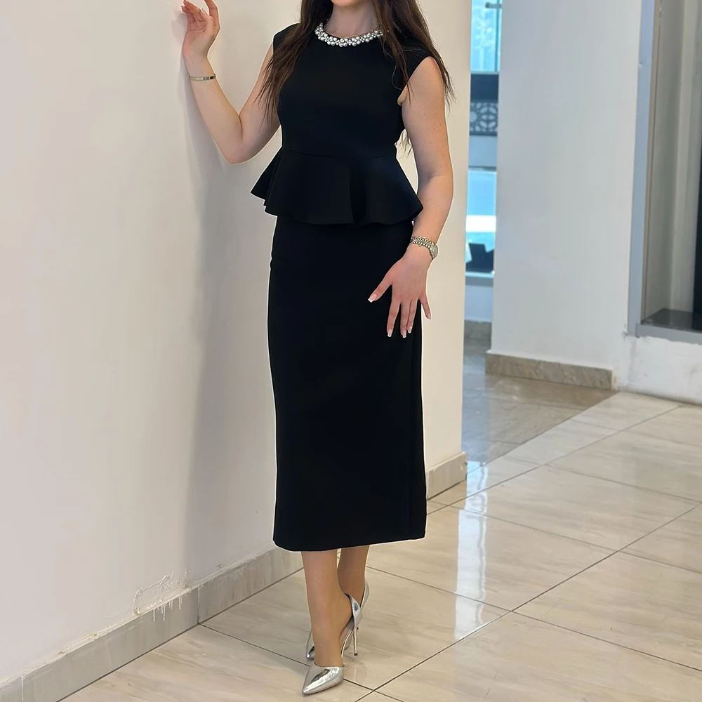 

Customized Straight Evening Dresses Tea-length O-neck Sleeveless Prom Gown Simple Fashion Beading Casual Party Gown