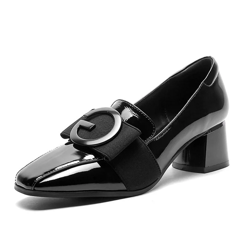 Women's High Heels 2024 New Luxury Patent Leather Thin Shoes Fashion Block Heel Square Toe Heels Black Office Lady Slip-on Pumps