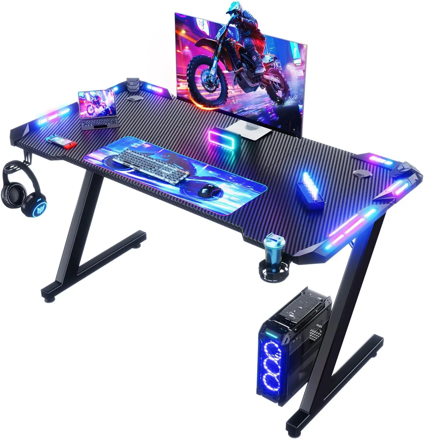 Gaming-Tisch mit LED 120 x 60 cm, Gaming-Schreibtisch mit Z-Rahmen, ergonomischer Gamer-PC-Tisch mit