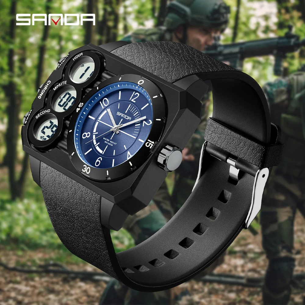 SANDA 6237 Men\'s Electronic Watch Fashion Sports Waterproof Luminous Creative Large Dial Calendar Cool Digital Watches for Men