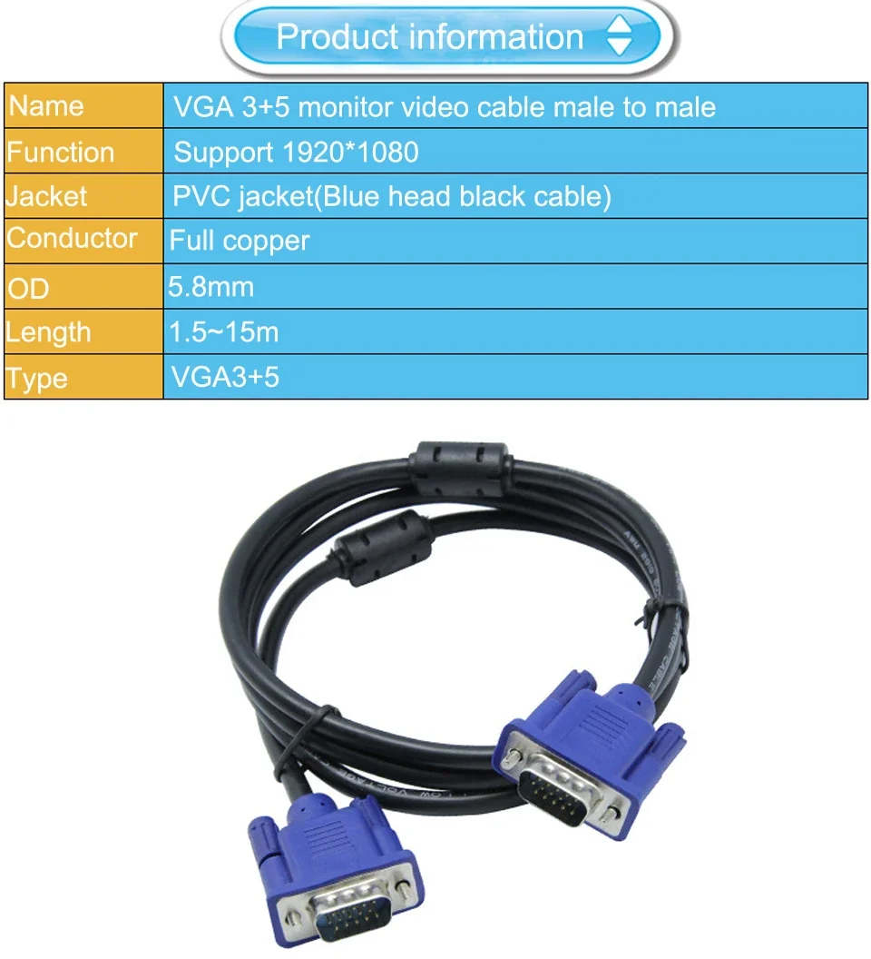 VGA To VGA Cable 15 Pin Male To Male Video Extension Converter Connector for Computer Monitor Screen Projector PC TV Adapter