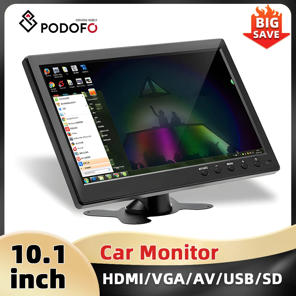 Podofo 10.1'' Car Monitor TFT LCD HD Digital Screen HDMI/VGA/AV/USB/SD Video Input PC/TV/DVD Player Display Security Monitor