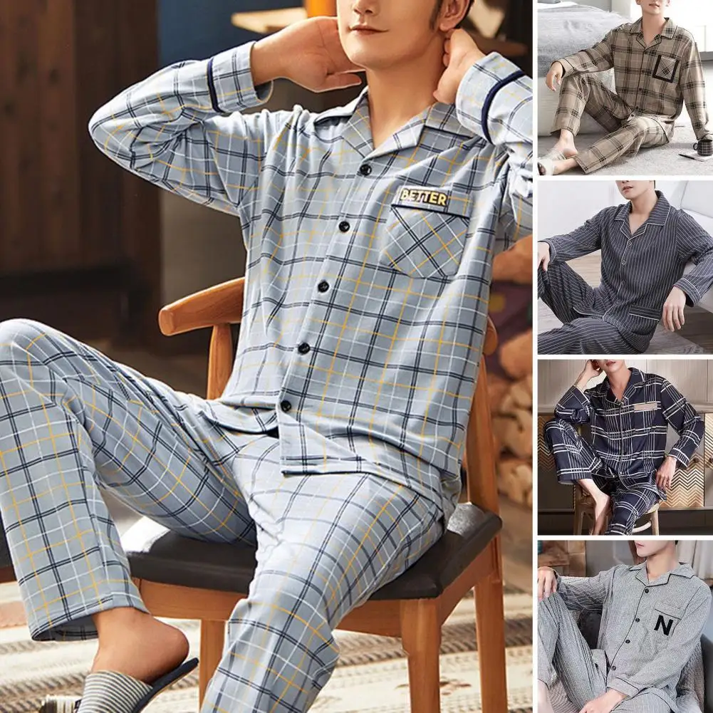 2024 Spring Autumn Stripe Cotton Pajamas Casual Plaid Pajama Men Long Sleeve Sleepwear Breathable Comfortable Housewear Suit 3XL