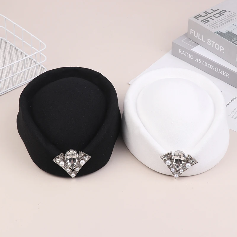 New Vintage Rhinestone Hard Top Flat Fedoras Hats French Cashmere Wool Hat Casual Flight Attendant Hat Party Dress Pillbox Hat