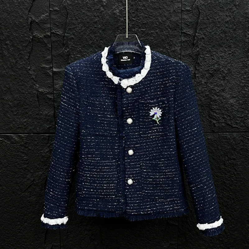 WVGA Autumn Winter New Man Tide Lace Trim Trendy O-Neck Jackets Niche Chic Casual Brooch Shiny Silk Long Sleeve Coats Ins W14801