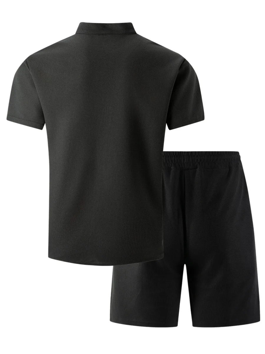 Men's new summer style waffle plain-color crew-neck t-shirt with pocket short-sleeved set with beach shorts men's casual suit