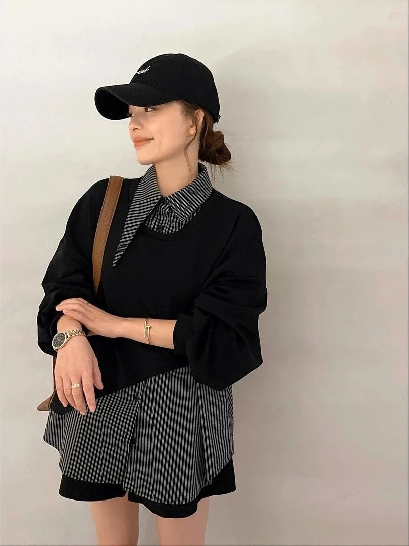 

plus Size 300 Pounds 2026 Autumn New Fashion Design Striped False Two-Piece Shirt Men's Loose Top Women's Casual Style Polyes...
