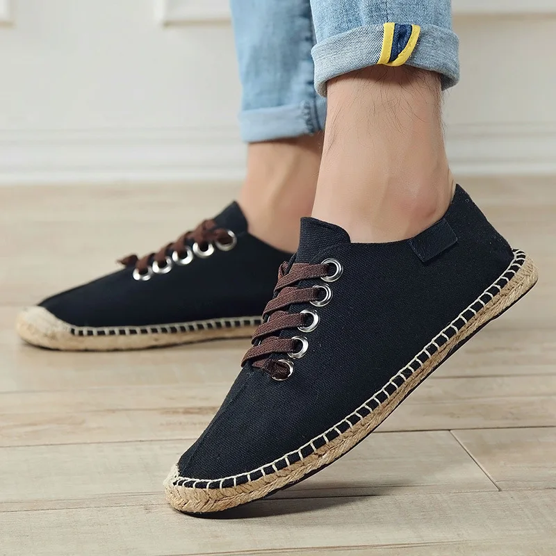 Zapatos de lona planos para hombre, calzado informal de cáñamo transpirable, calzado fresco para jóvenes, calzado de tela negro y azul de talla