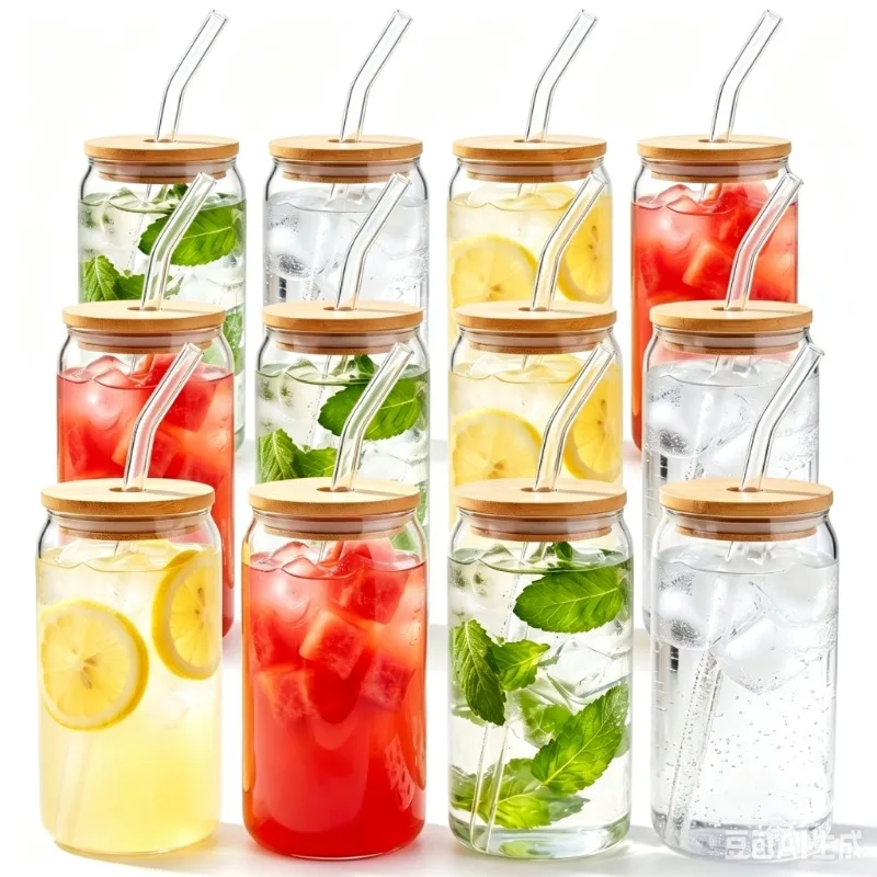 480ml Glasbecher-Set mit Bambusdeckeln und Glasstrohhalmen, Große Transparente Wasserbecher, 4-12 Stück/Set, Party-Saftbecher