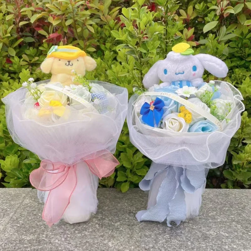 Cute Sanrio Plush Dolls Hellokitty With Artificial Flower Creative Bouquet New Year Birthday Valentine Christmas Graduation Gift