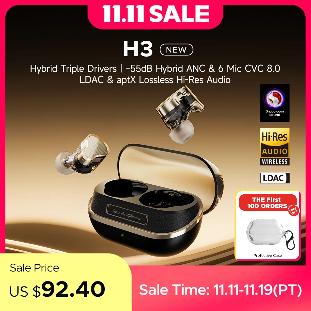 سماعات أذن لاسلكية SoundPEATS H3 Hybrid 3 Driver بلوتوث 5.4، 55 ديسيبل متكيف ANC، LDAC و aptX صوت عالي الدقة بدون فقدان، 6 ميكروفونات CVC8
