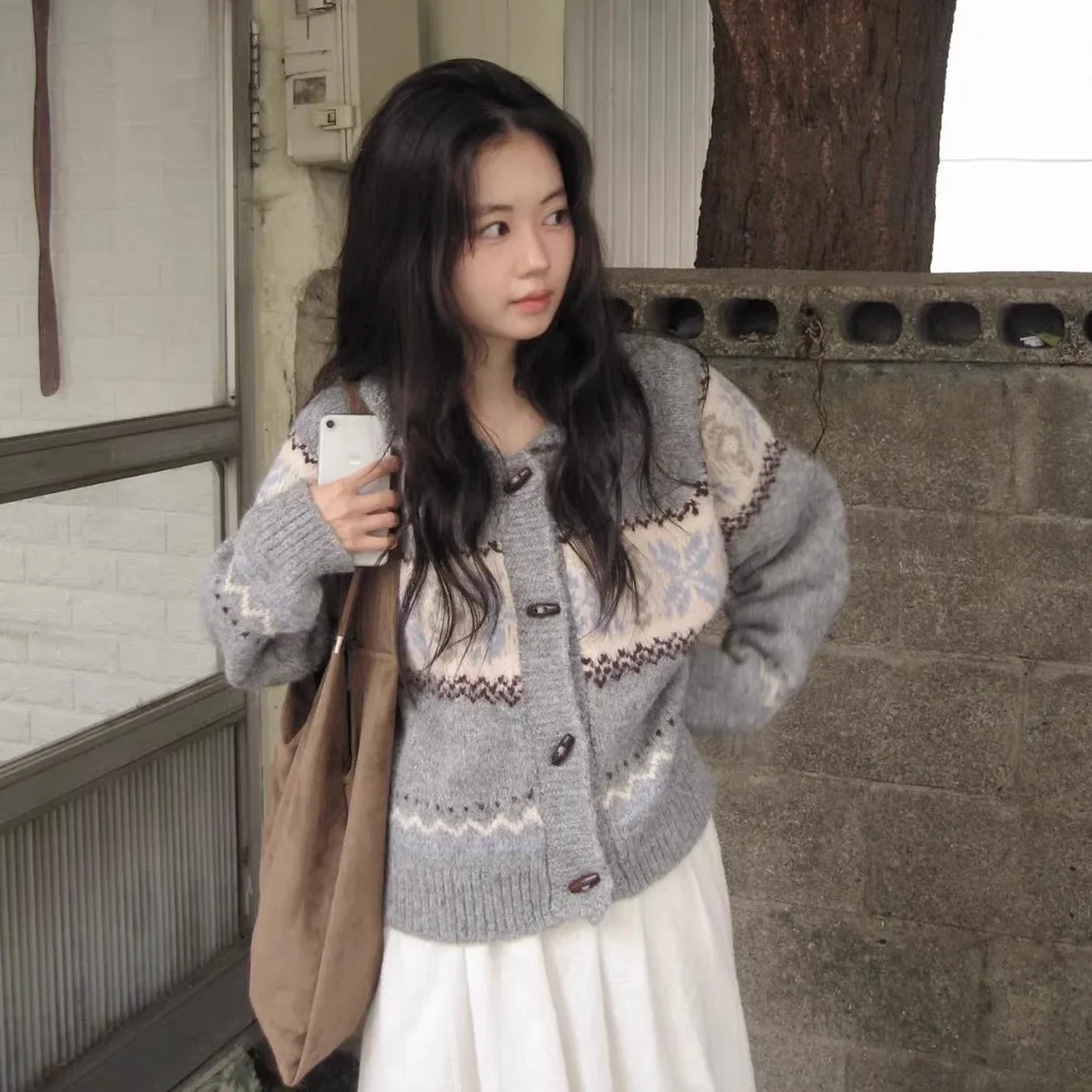 

Winter Knitted Sweater Coat with Horn Buttons Korean Sle Long Sve Geometric Pattern Women's Faion Outerwear