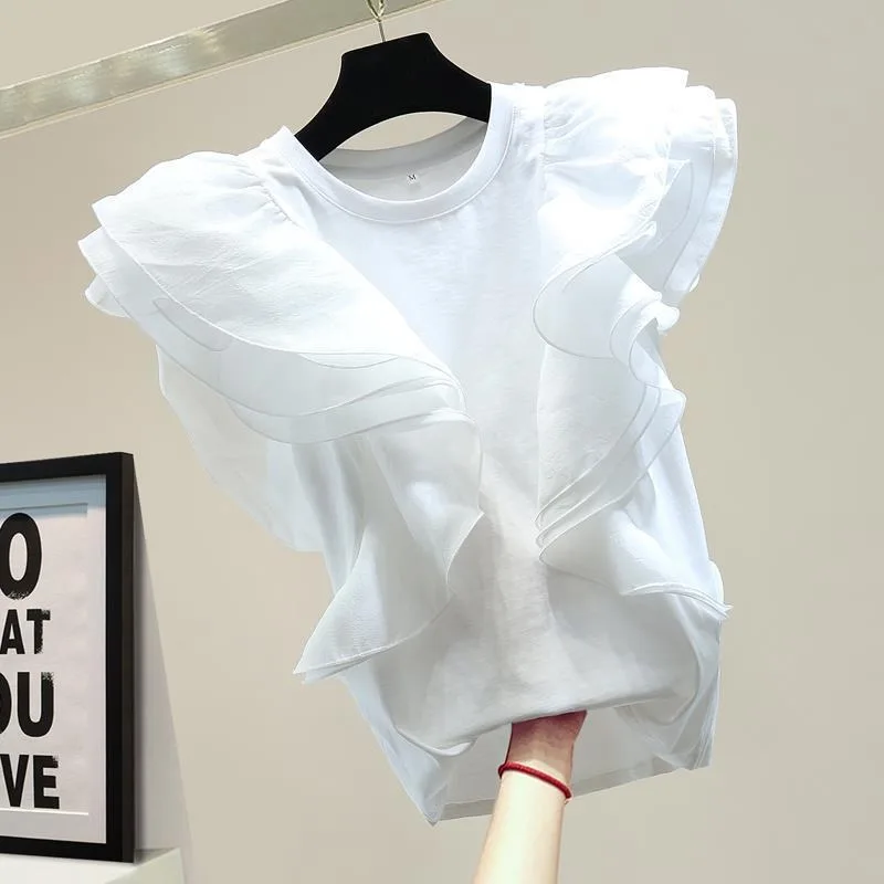 Summer Loose Slimming Top Features A Stylish Elegant Ruffled Sleeveless Casual T-shirt Fashion Breath Women's Wear for Commuting