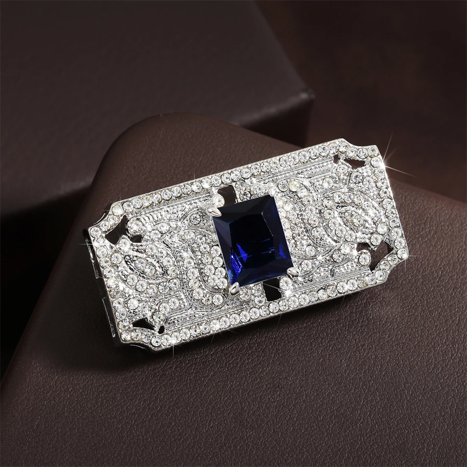 Trendy Square Crystal Silver Color Breastpins For Women Green Geometric Metal Breastpin Blue Party Winter Jewelry
