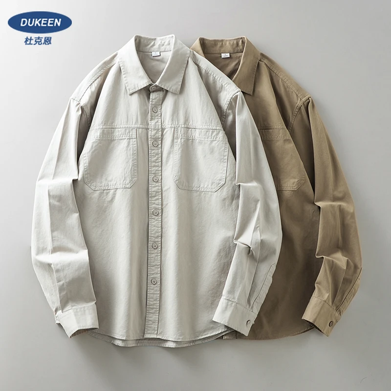 

DUKEEN Мужская тяжелая рабочая одежда, весенне-осенняя новая повседневная рубашка из 100% хлопка, вязаная саржевая ткань, верхняя рубашка высокого качества