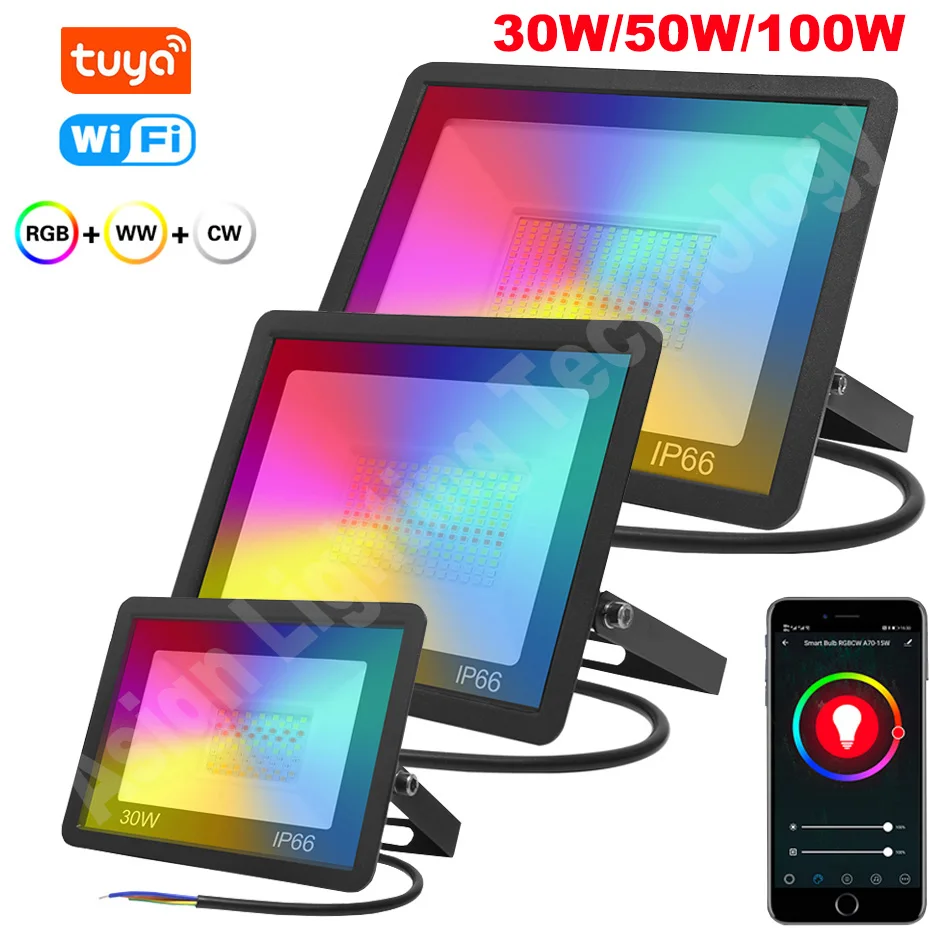 

220V Tuya WiFi Smart Floodlight 100W 50W 30W RGB Dimmable Wall Reflector Lamp IP66 Waterproof LED Spotlight for Home Decor