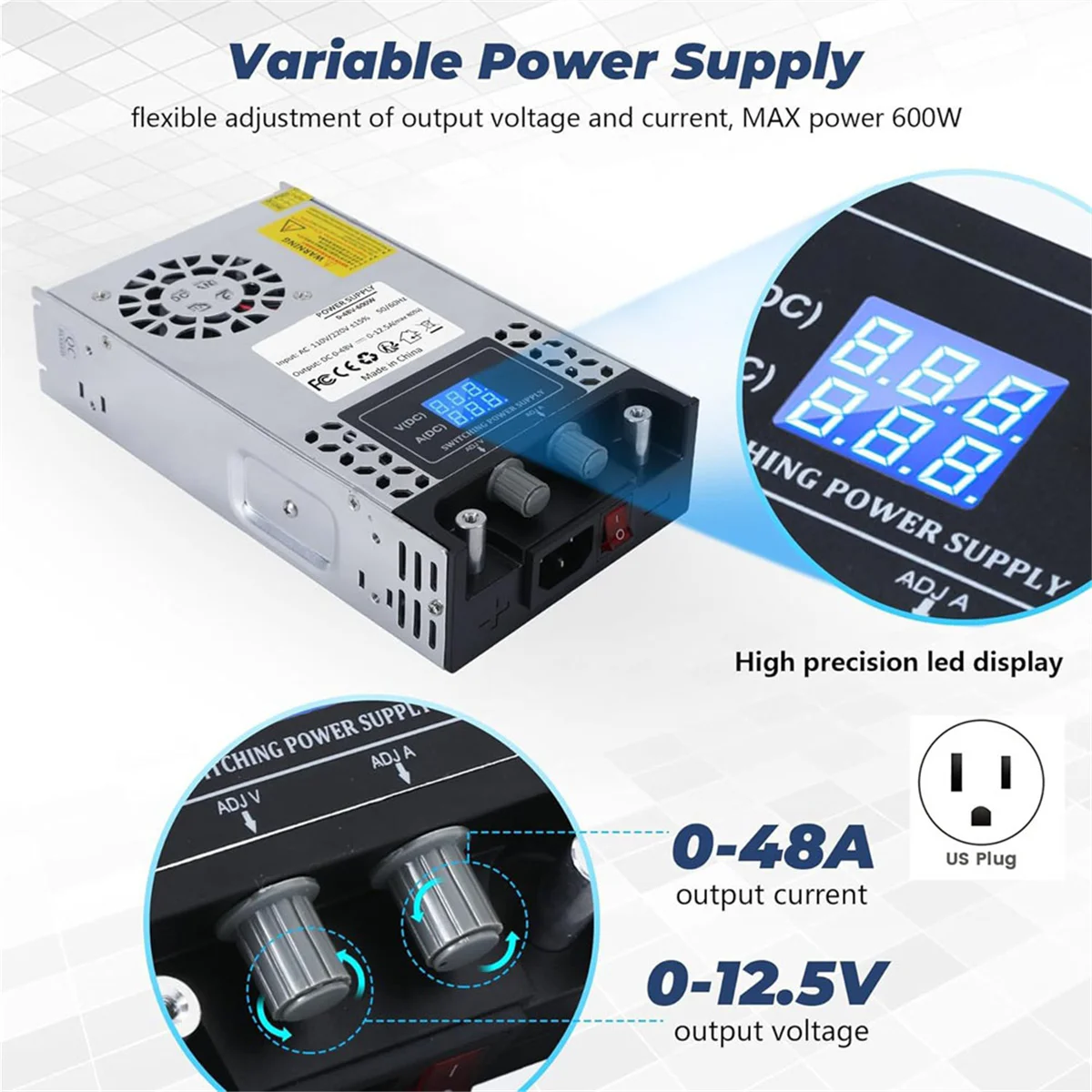 A62X AC TO DC Converter 60V DC 0-60V 0-10A SMPS สูงสุด 600W Switching Power Supply US Plug