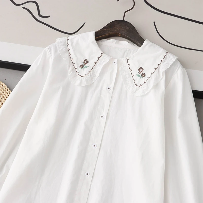 New Autumn Cotton Shirts Women Cartoon Sunflower Embroidered Peter Pan Collar Tops Female Kawaii White Shirts And Blouses U337