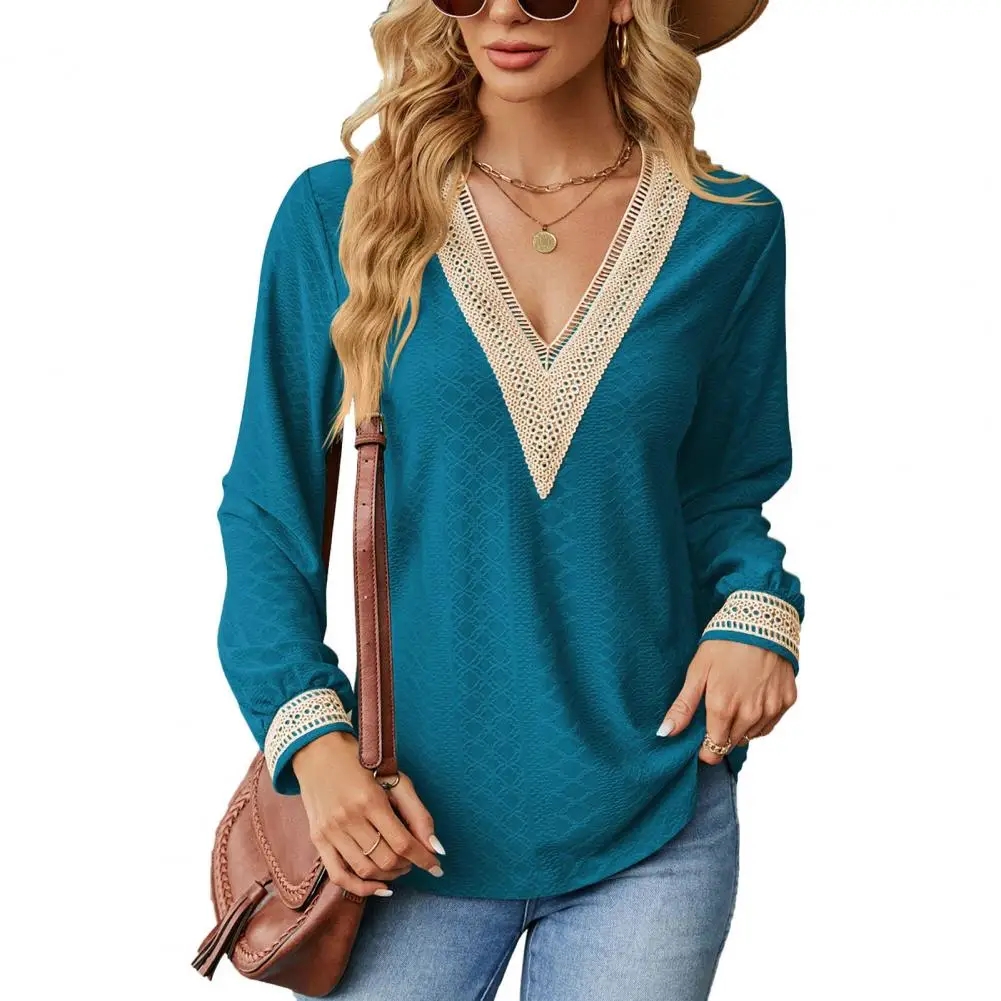 Shirts & Blouses Hollow Out Color Matching Patchwork Loose Pullover Long Sleeve Soft Casual Mid Length Shirt Blouse