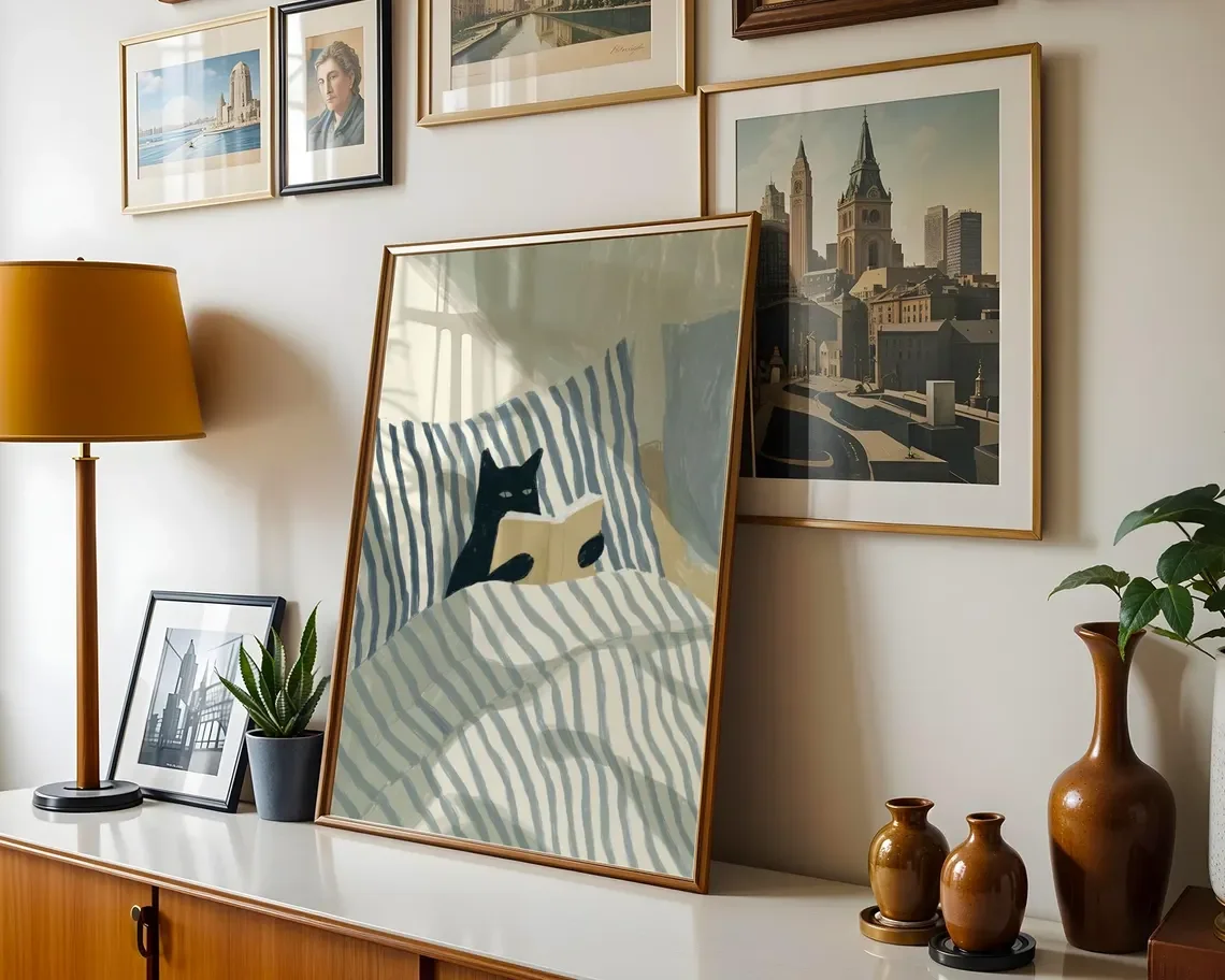 Cat Reading Print – Black Cat Wall Art, Cosy Bedroom Poster, Book Lover Cat Illustration, In Bed Print, Reading Decor, Cozy image 3