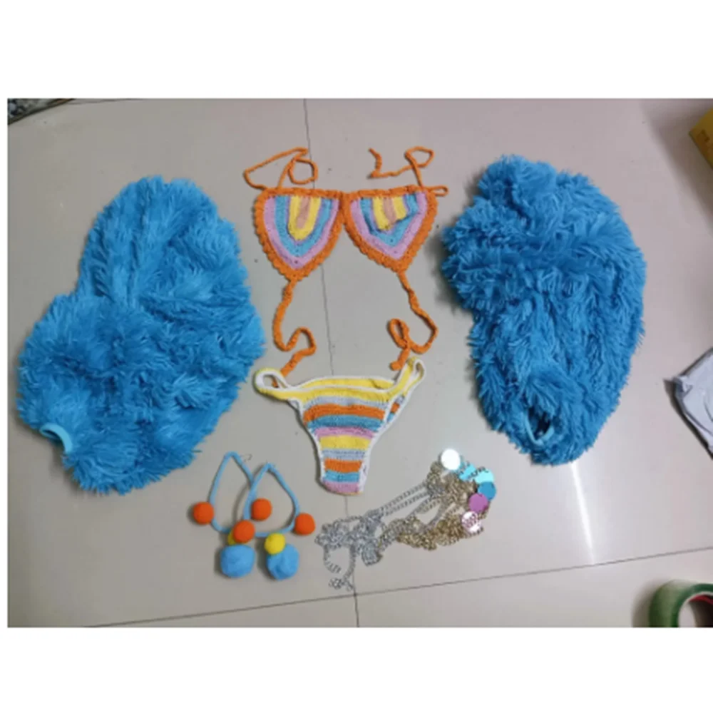 2025 cukierkowy kolor seksowne bikini kostium taneczny na rurze pluszowy rękaw klub nocny Gogo taniec sceniczny ubrania Rave odzież festiwalowa yj115