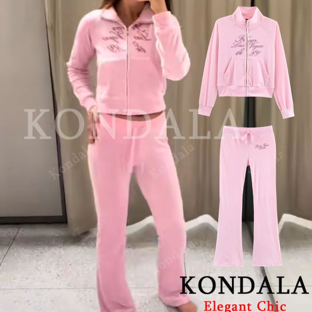 

KONDALA женский милый розовый комплект бархатная куртка на молнии с эластичной резинкой на талии расклешенные брюки новый 2025 весенне-осенний модный спортивный повседневный комплект