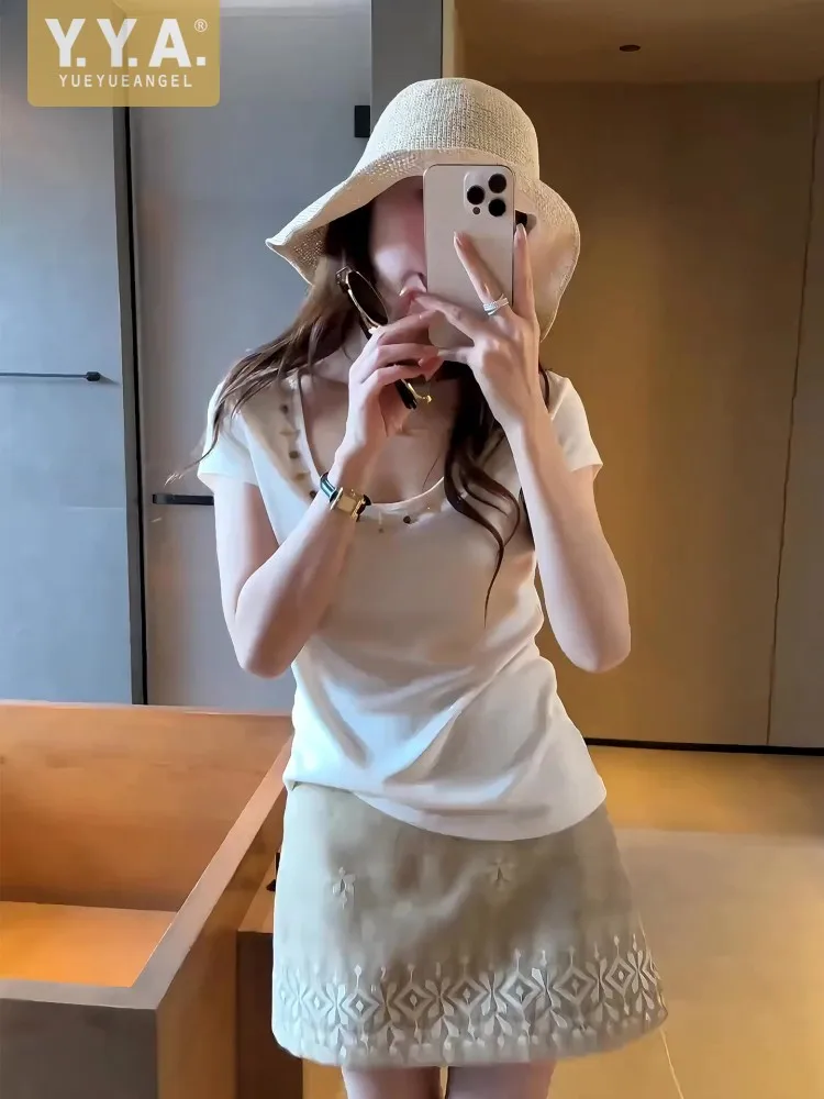 

Summer Women French Style Slim Fit Short Sleeves T-shirt Mini Skirt Two Piece Set Top Casual Lady Embroidery A Line Skirt Sets