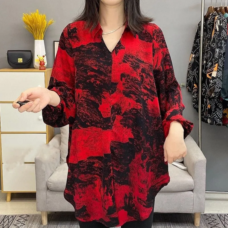 Korean All-match Printing Long Sleeve Shirt Women's Clothing 2023 Spring Fashion Casual Pullovers Turn-down Collar Blouse Female