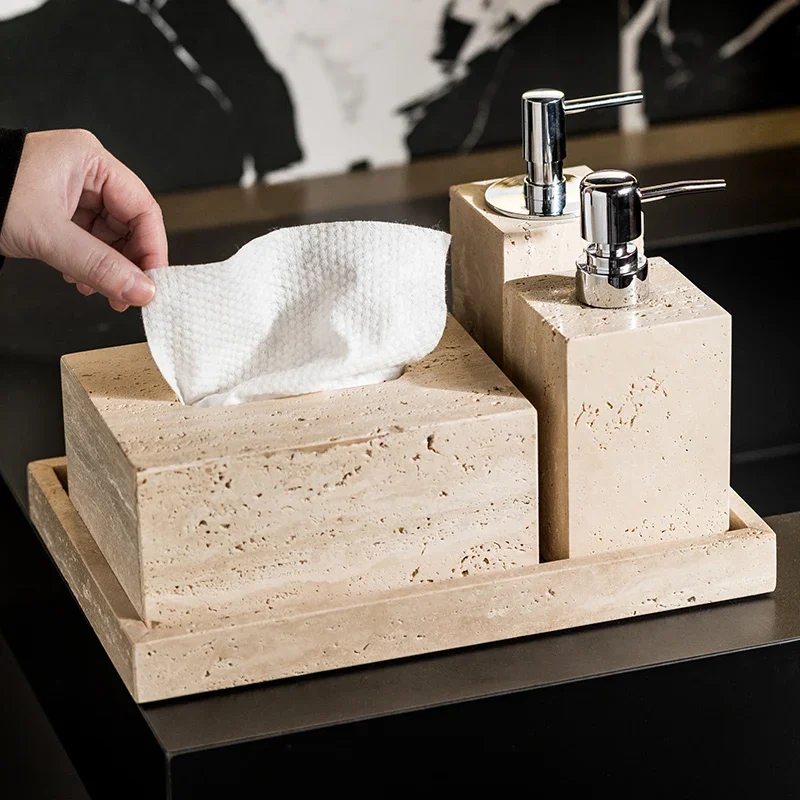 Beige Travertine Bathroom Set Natural Marble Soap Dispenser Reed Diffuser Tissue Box Tray Bathroom Accessories