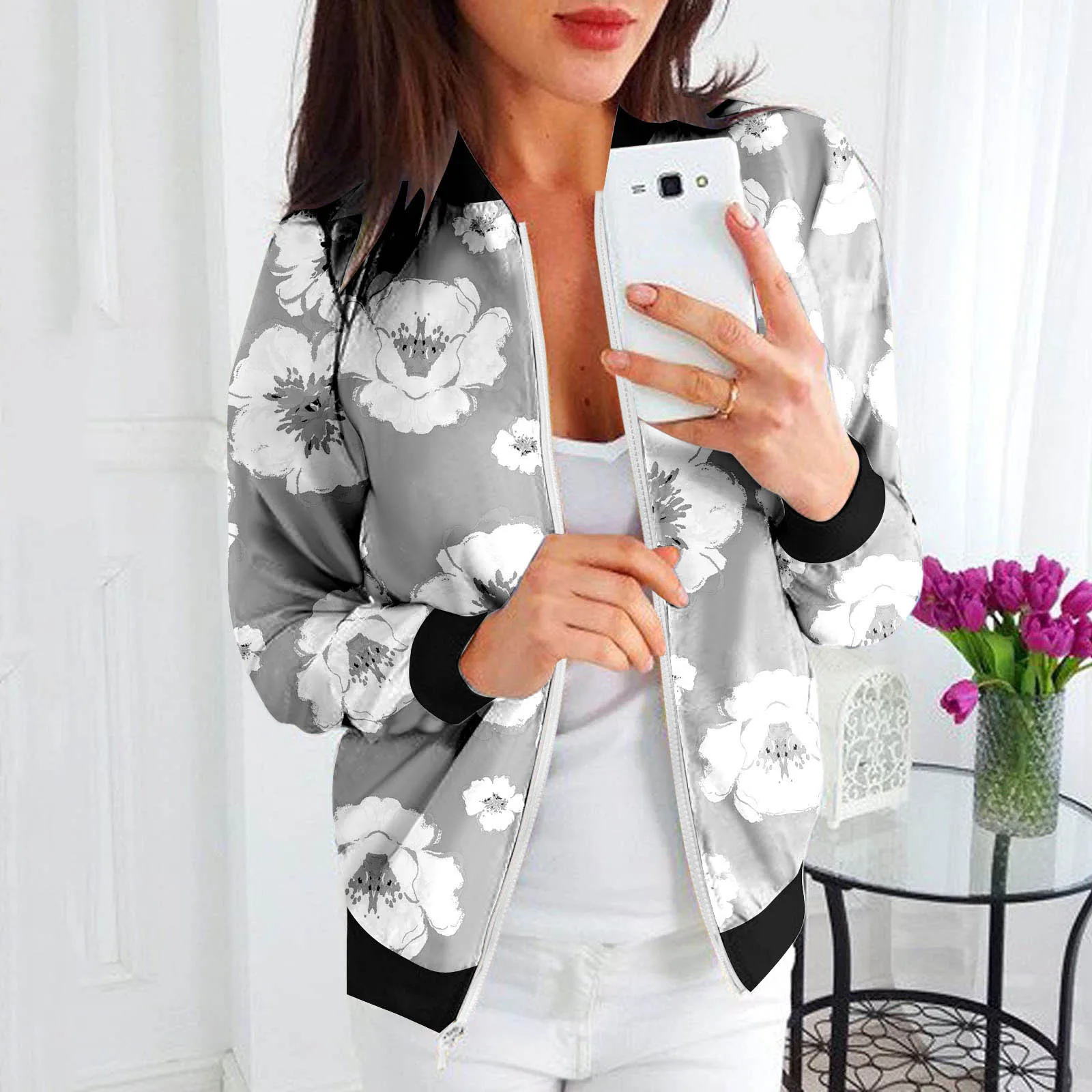 Women Loose Coat O Neck Zipper Long Sleeve Classic Floral Print Jacket Casual Top Daily Outwear Satin Jacket Denim Womens Jacket