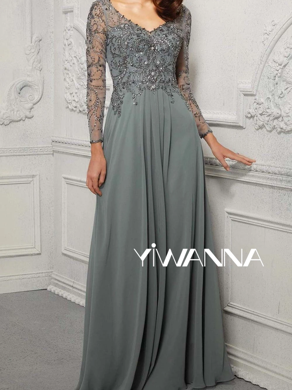 Modest Long Sleeve Mother Of The Bride Dress For Wedding Sparkly Sequins Beads Prom Dress Elegant Chiffon Long Evening Gown