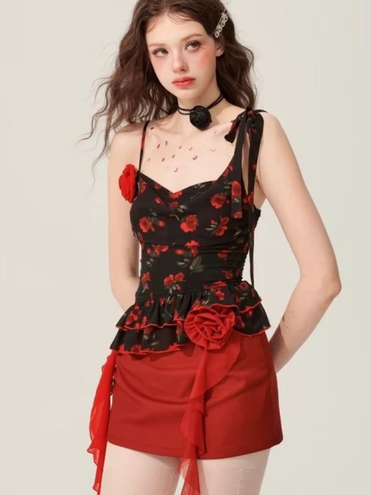 Harajuku Elegant 2 Piece Set Women Sleeveless Floral Crop Tops + Korean Style Red Mini Skirt Beach Style Fashion Outfits Summer