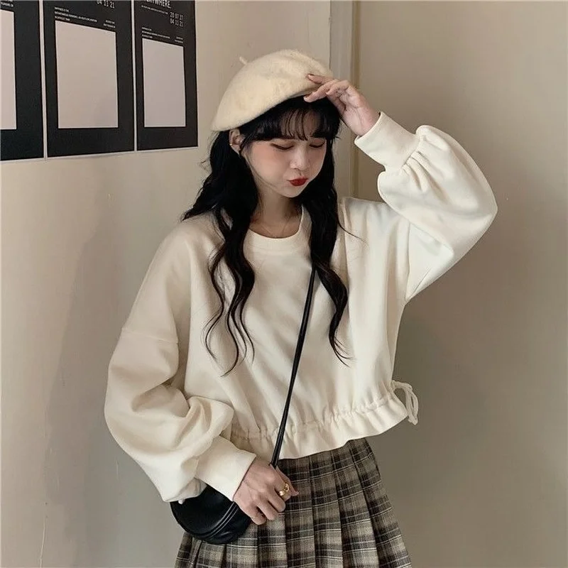 Cropped Sweatshirts Women Long Sleeve Autumn Clothing All-match Drawstring Elegant Students Solid Casual Streetwear Cute Sweet