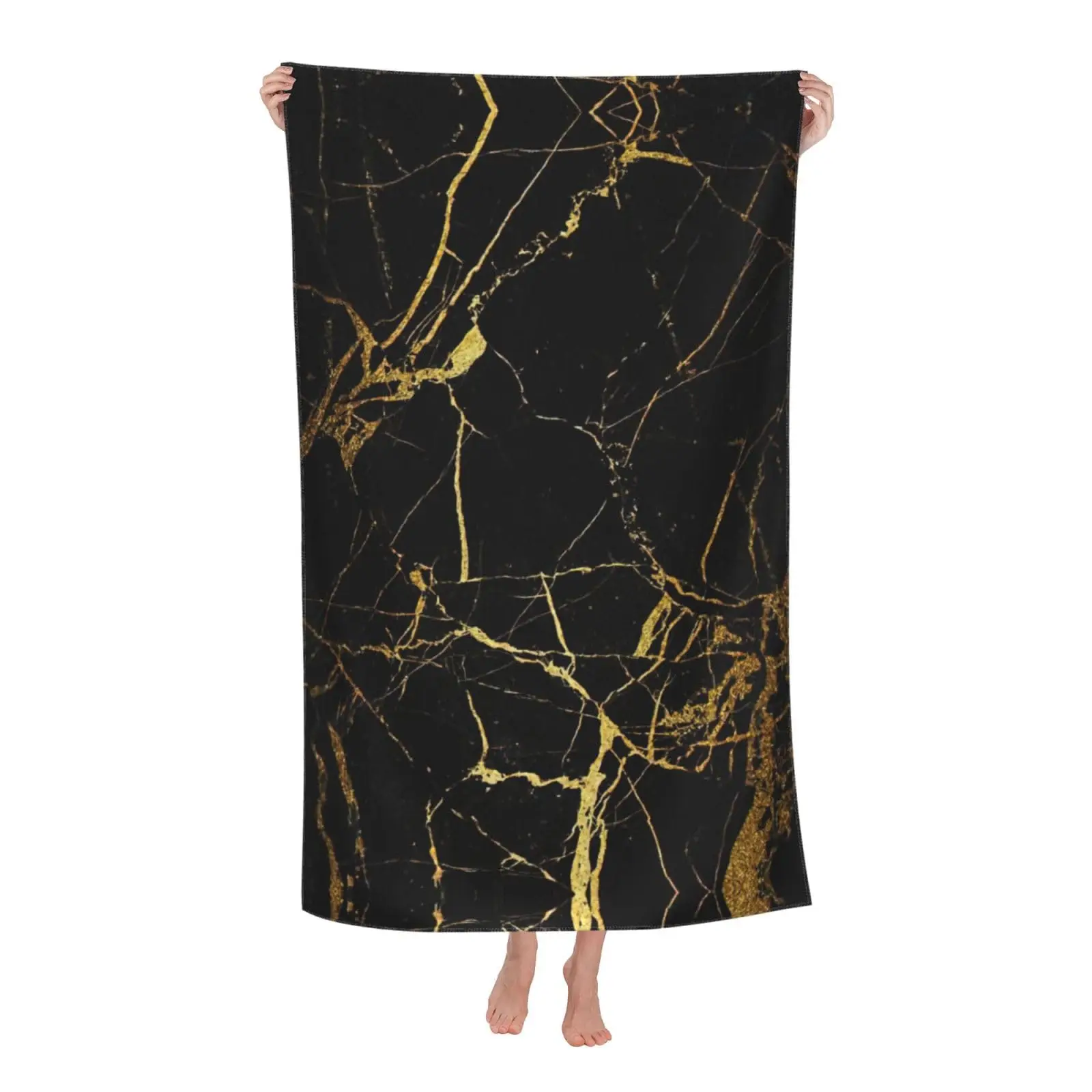 Abstract Black Marble Beach Towel with Gold Gray Texture Absorbent Soft Free Sand Lightweight Bath Towel for Kids Adult